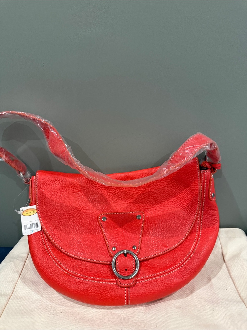 Talbots Red Pebbled Leather Crescent Shoulder Bag with Ring Detail